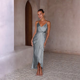 Simplee – Robe mi-longue décontractée verte à col en V et bretelles pour femme, tenue de soirée asymétrique, coupe trapèze, sans manches, collection 2021